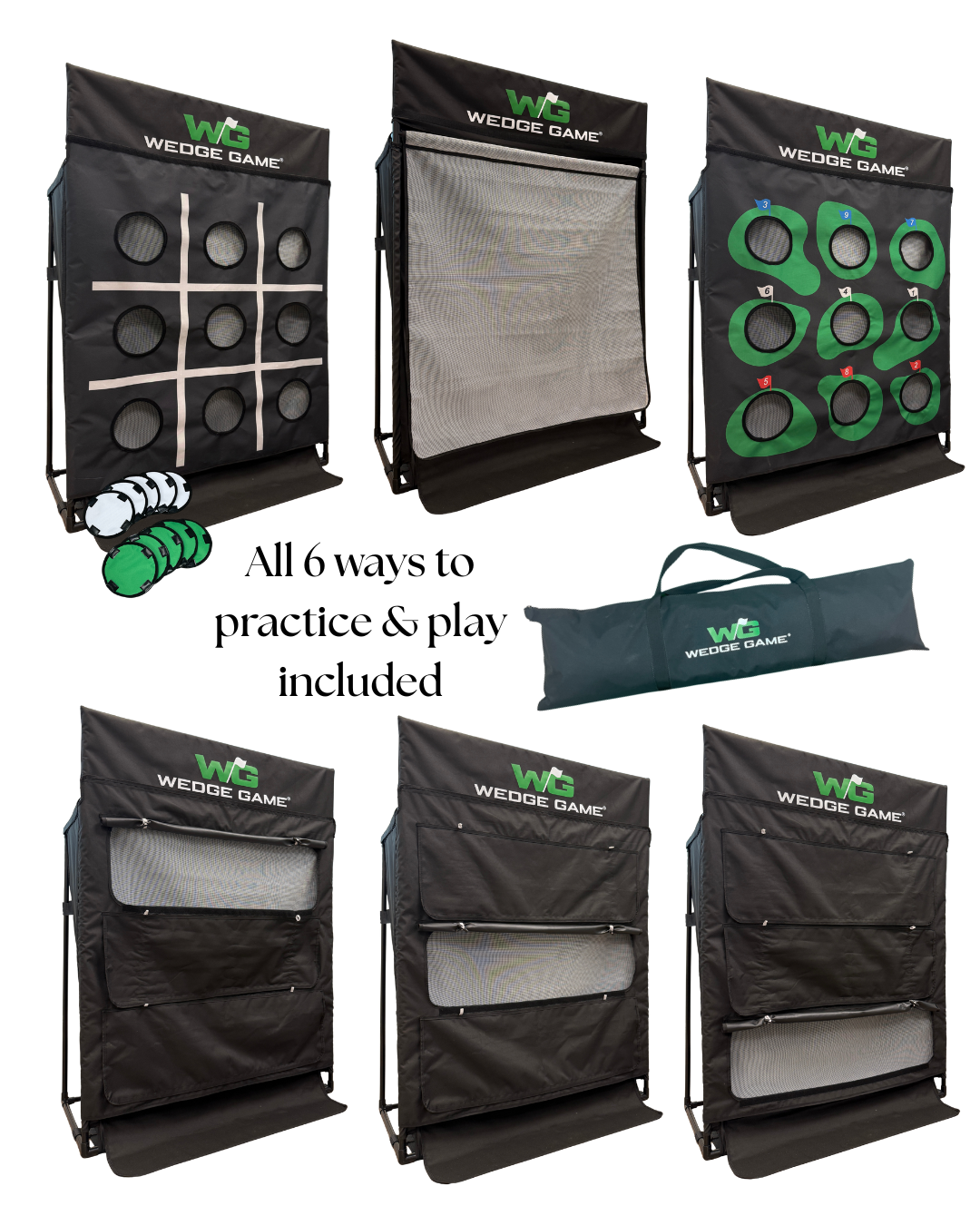 WEDGE GAME SHORT GAME NET showcasing 6 practice and play options for improving golf skills, ideal for home training.