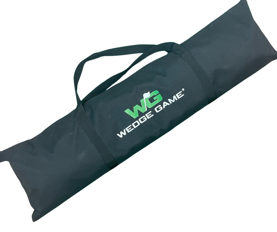 WEDGE GAME golf practice net carry bag with green logo for convenient storage and transport to training sessions.