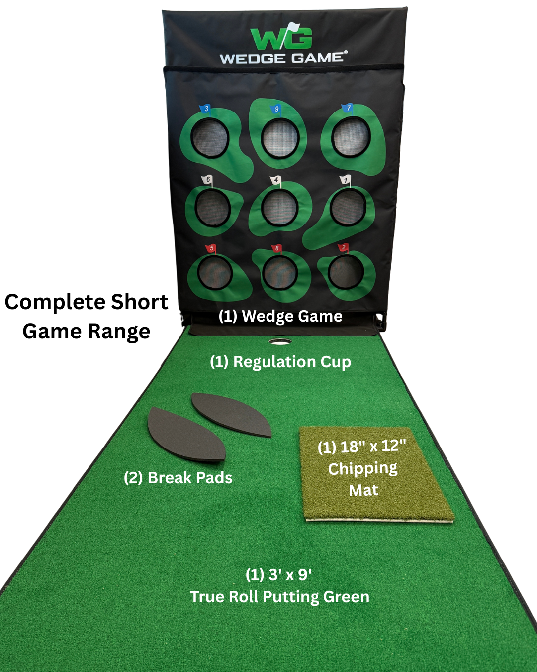 Golf practice mat with wedge game, regulation cup, break pads, chipping mat, and putting green.