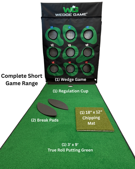 Golf practice mat with wedge game, regulation cup, break pads, chipping mat, and putting green.
