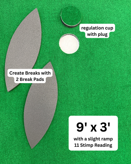Wedge Game Putting Mat including break pads, regulation golf cup and plug and dimensions 