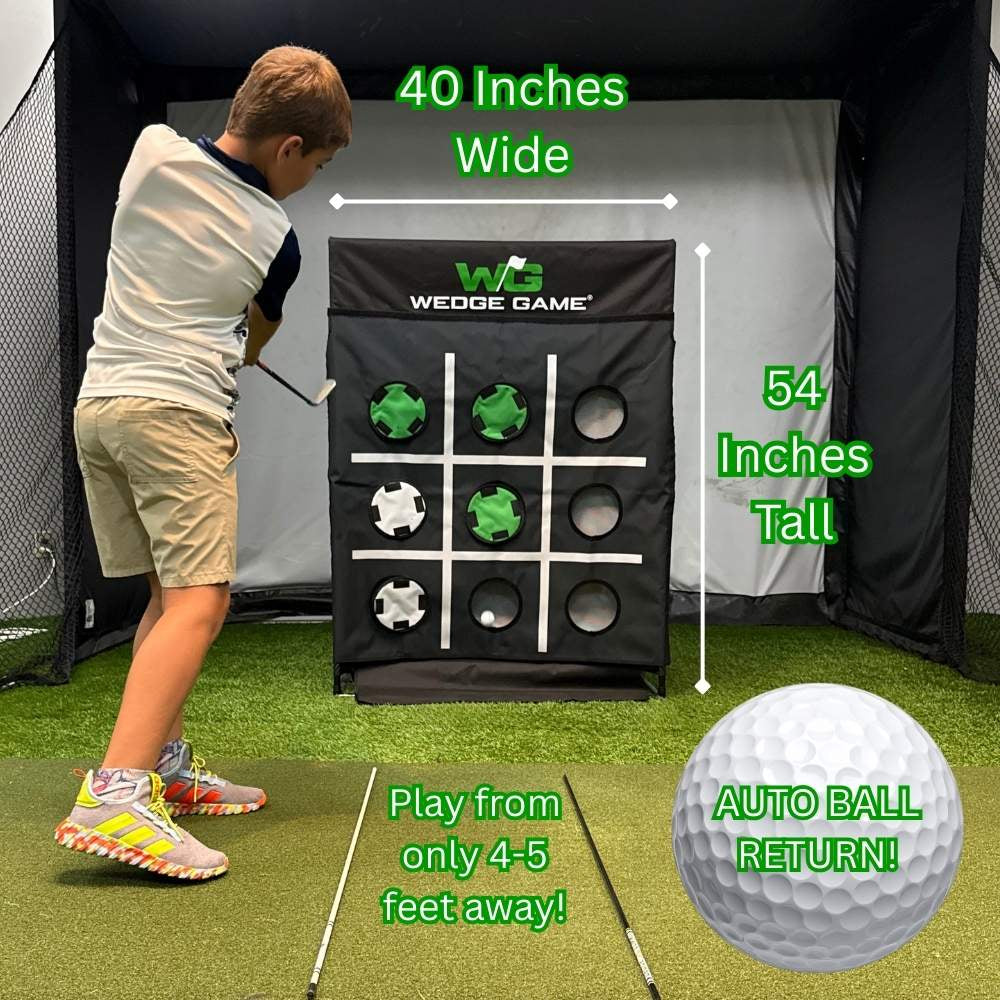 Child playing with a golf target and ball return system, with measurements and features highlighted.