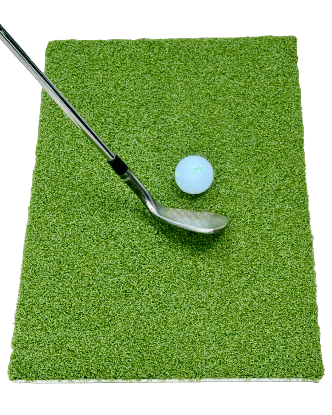 Tight lie chipping mat with golf club and ball for short game practice.