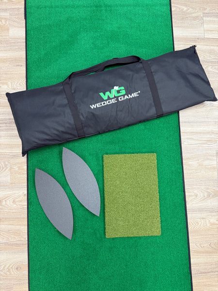 Black wedge game carrying case on a green golf practice mat with wedges.