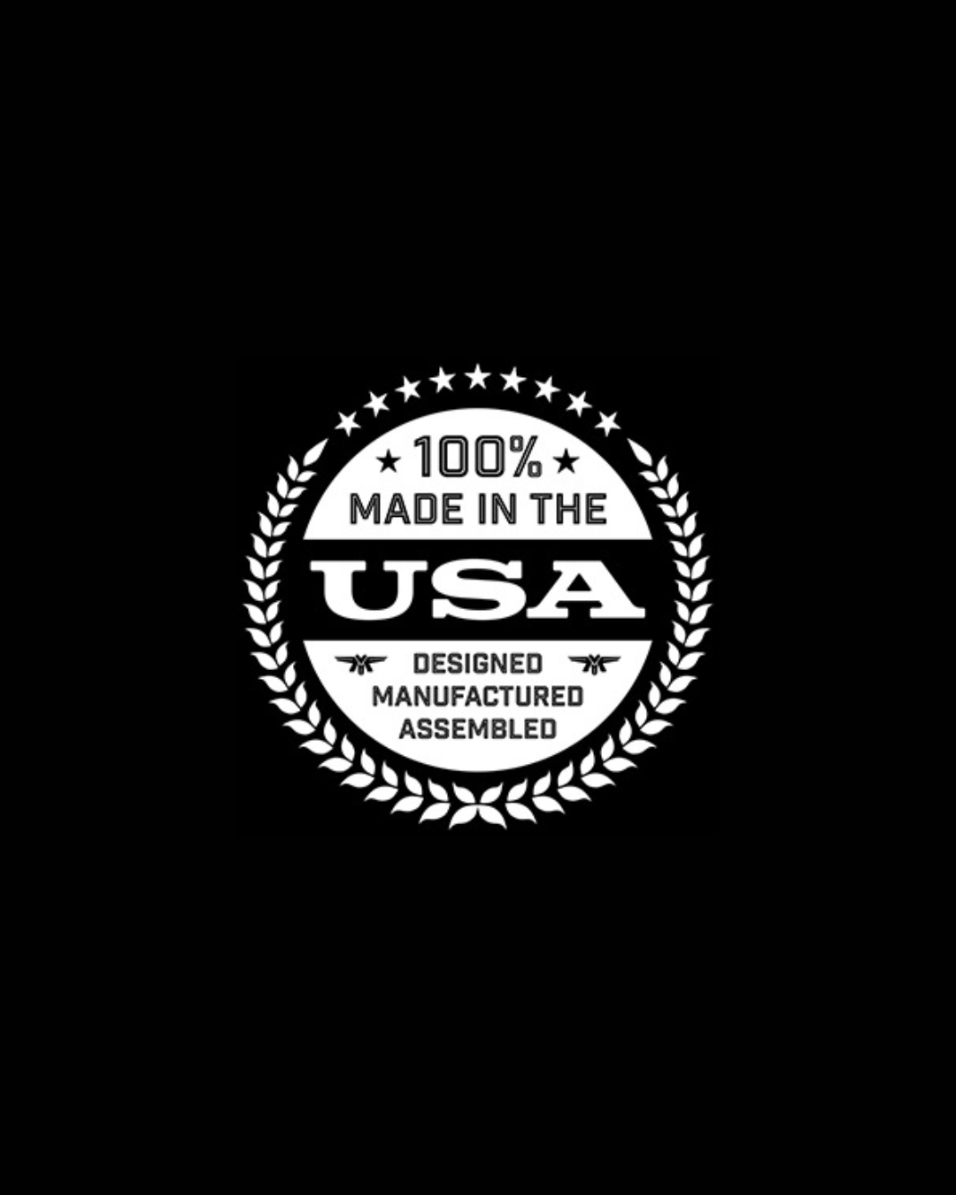 White '100% Made in the USA' logo on a black background