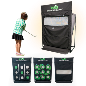 Wedge Game short game trainer net on a black backdrop