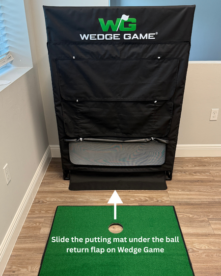 Wedge Game golf practice device with a green putting mat on a wooden floor.