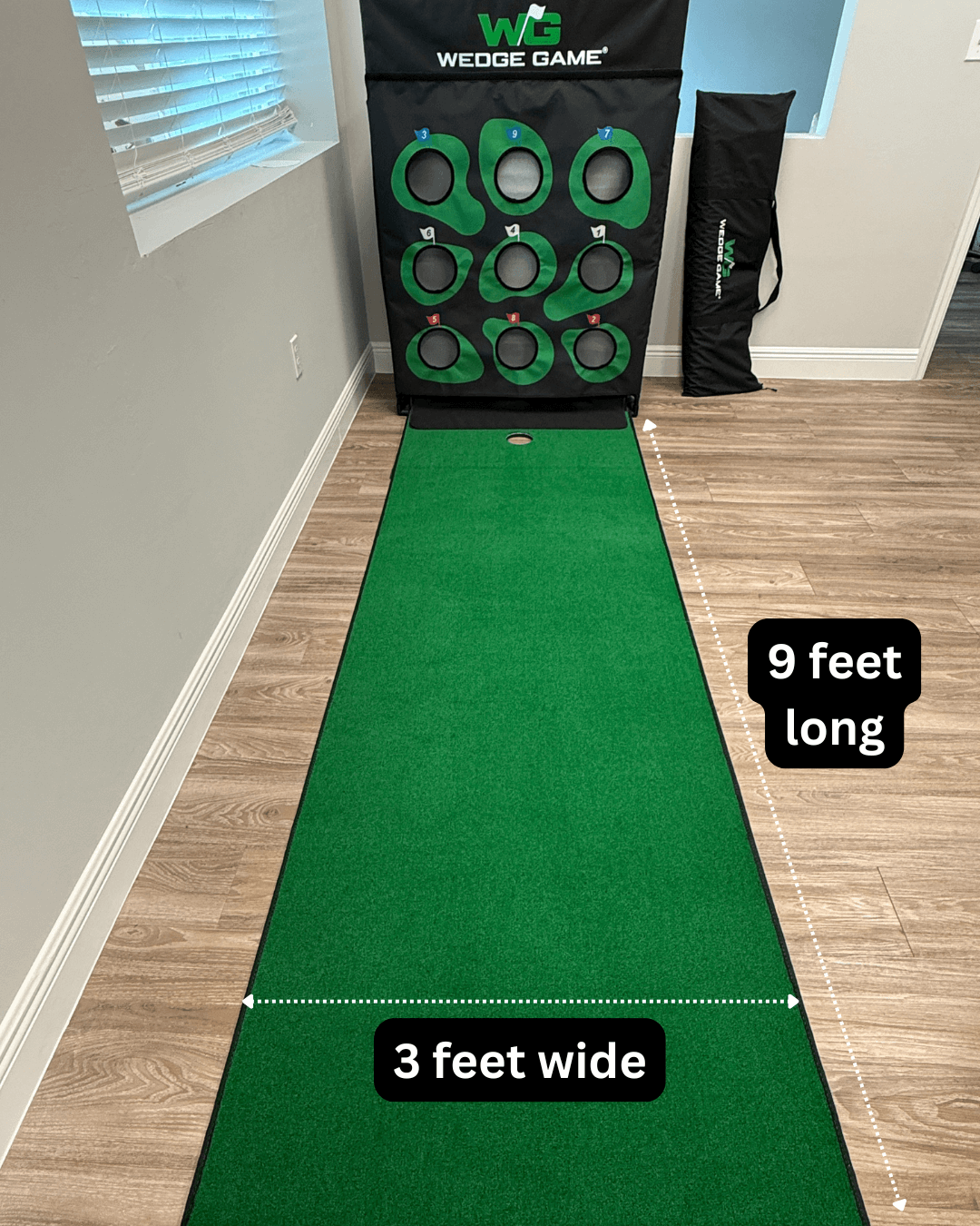 Wedge Game Green putting mat with dimensions labeled, set up indoors.