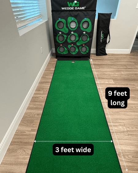 Wedge Game Green putting mat with dimensions labeled, set up indoors.