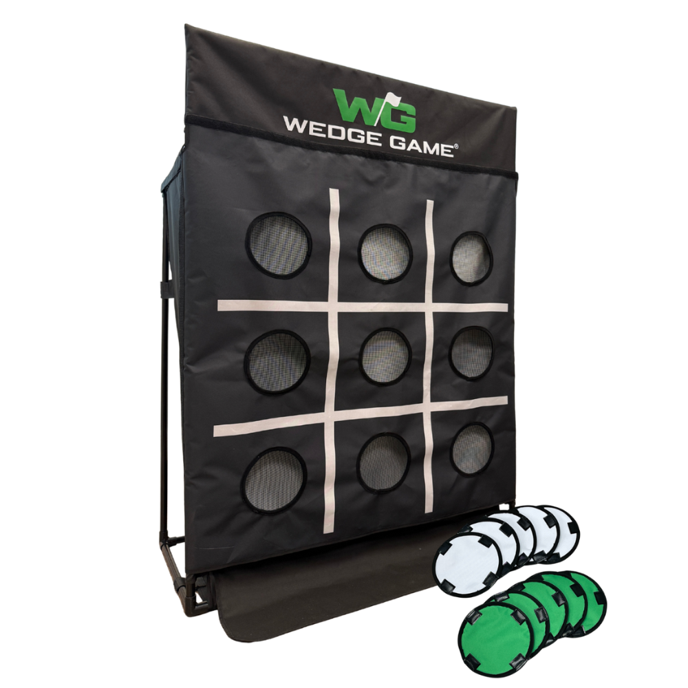 Wedge Game short game net showing tic-tac-toe game panel with colored hole covers