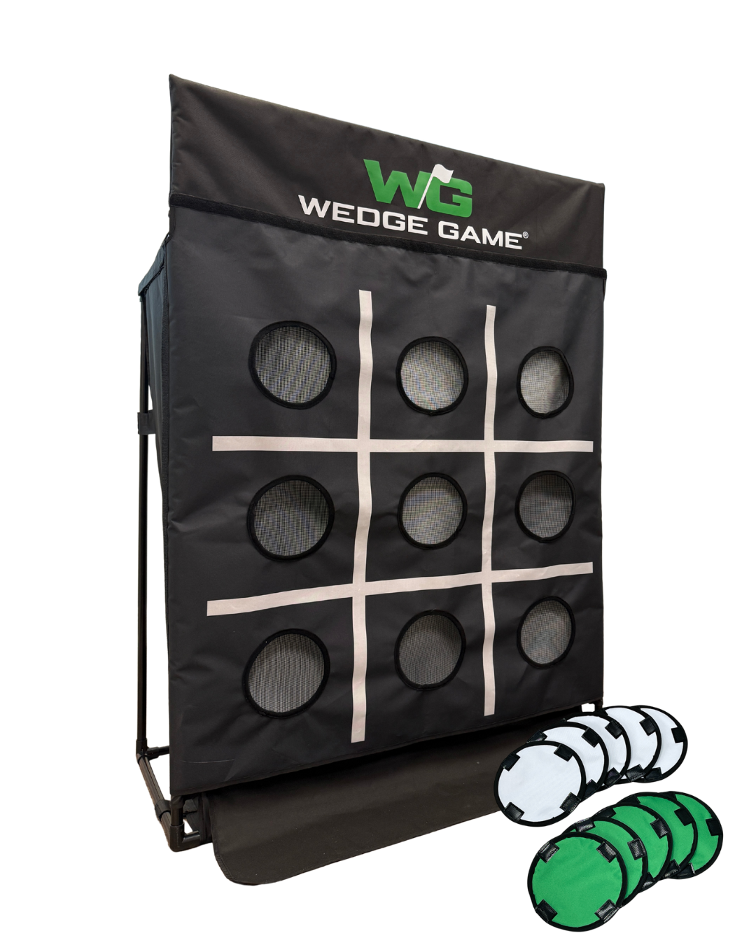 Wedge Game golf practice net for chipping showing tic=tac-toe game panel with colored hole covers
