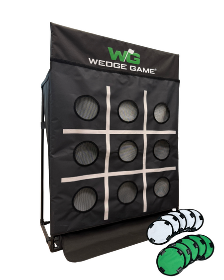 Wedge Game golf practice net for chipping showing tic=tac-toe game panel with colored hole covers