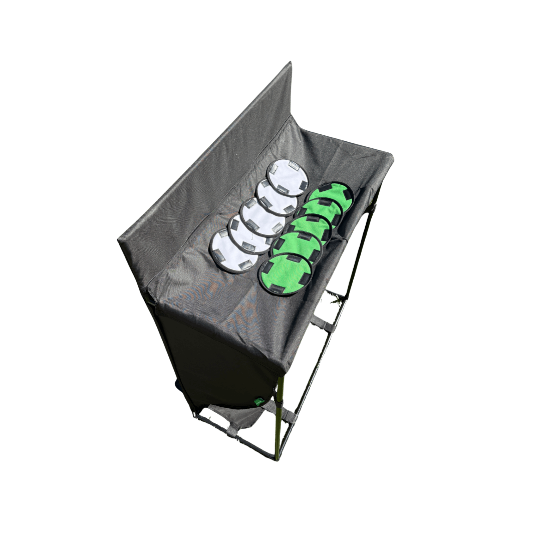 Top view of WEDGE GAME SHORT GAME NET showing 9 hole chipping panel for golf practice.