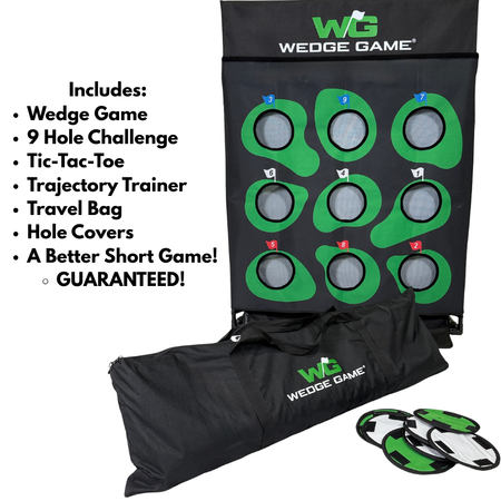 Wedge Game set including a black target board with green holes, a black travel bag with the WG Wedge Game logo, several green-and-black disc golf discs, and a text callout listing included items on a white background.