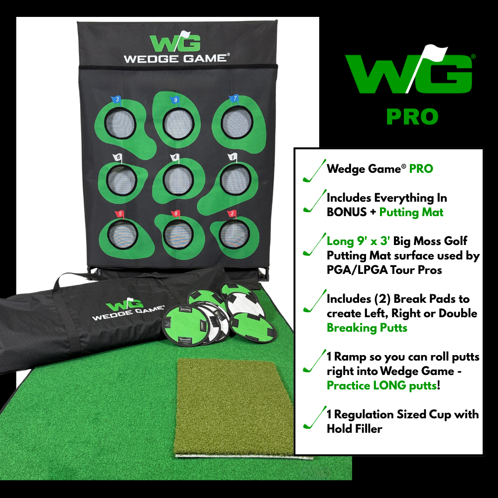 Wedge Game Pro golf training aid with putting mat and accessories on a white background