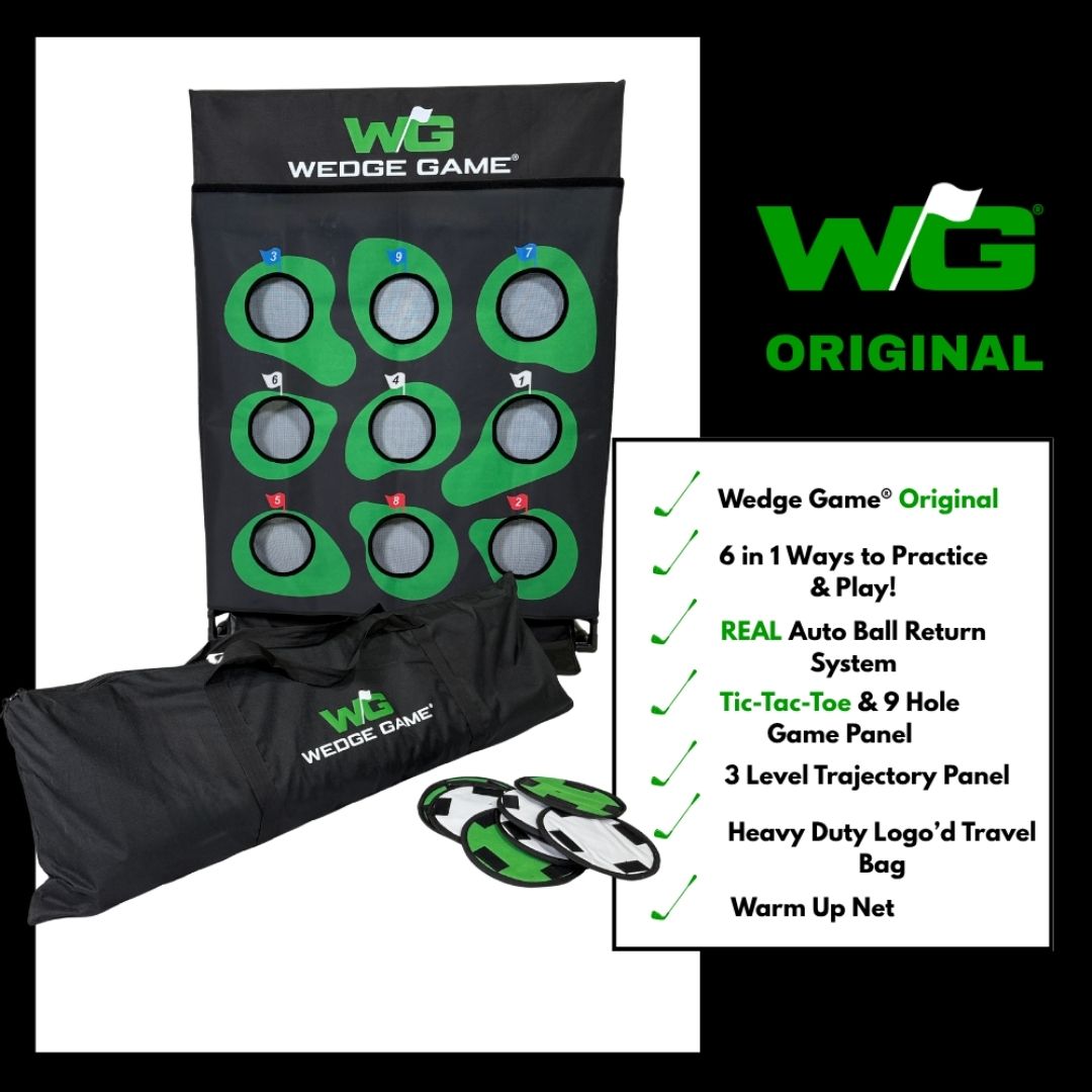 Wedge Game golf practice system with green targets and black carrying bag on a white background.