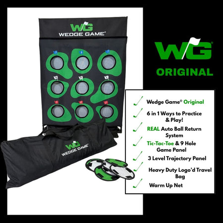 Wedge Game golf practice system with green targets and black carrying bag on a white background.