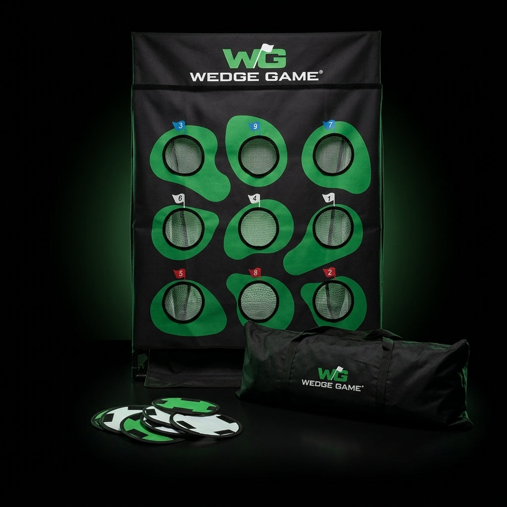 Wedge Game short game trainer net on a black backdrop