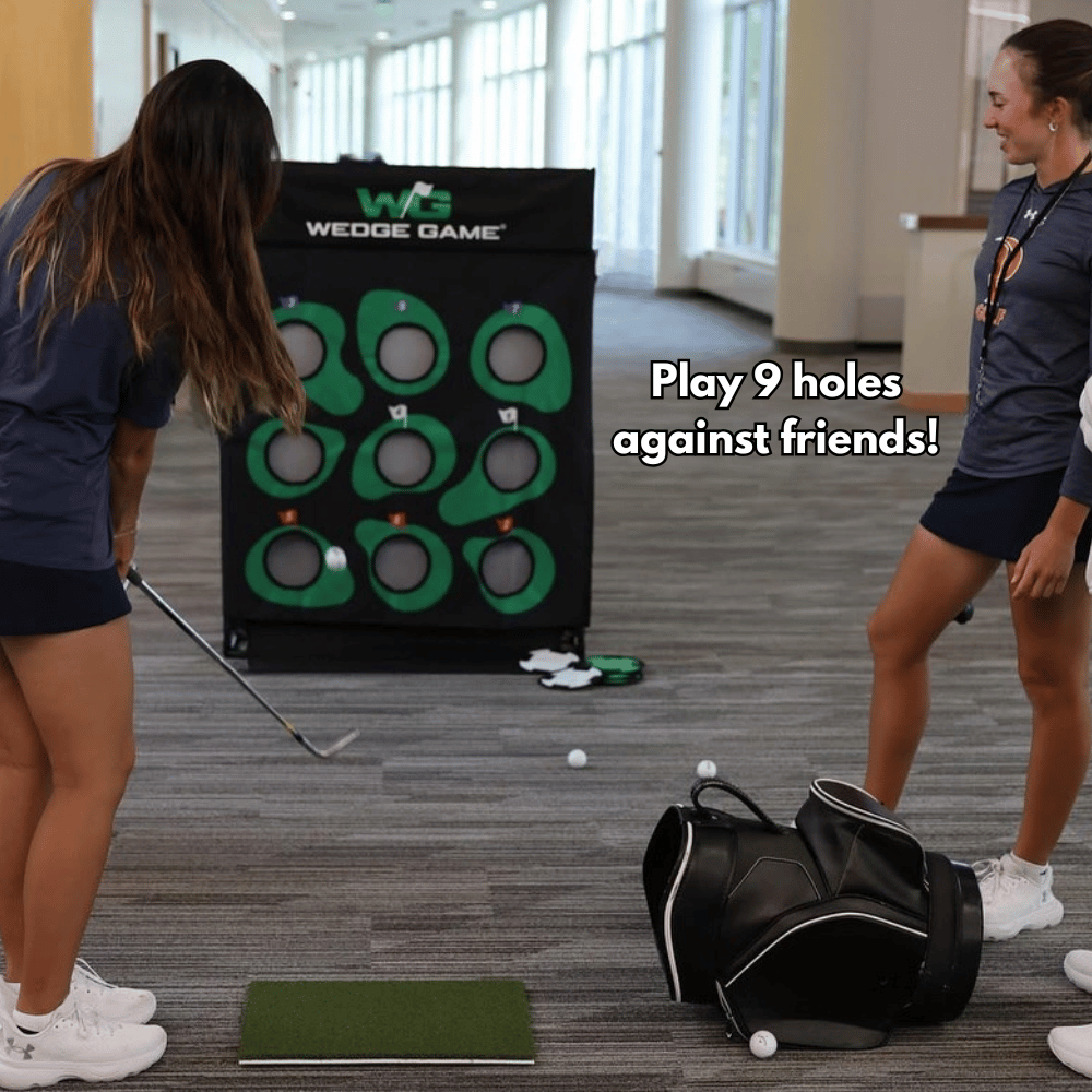 Two golfers playing the 9-Hole Challenge on the Wedge Game net indoors