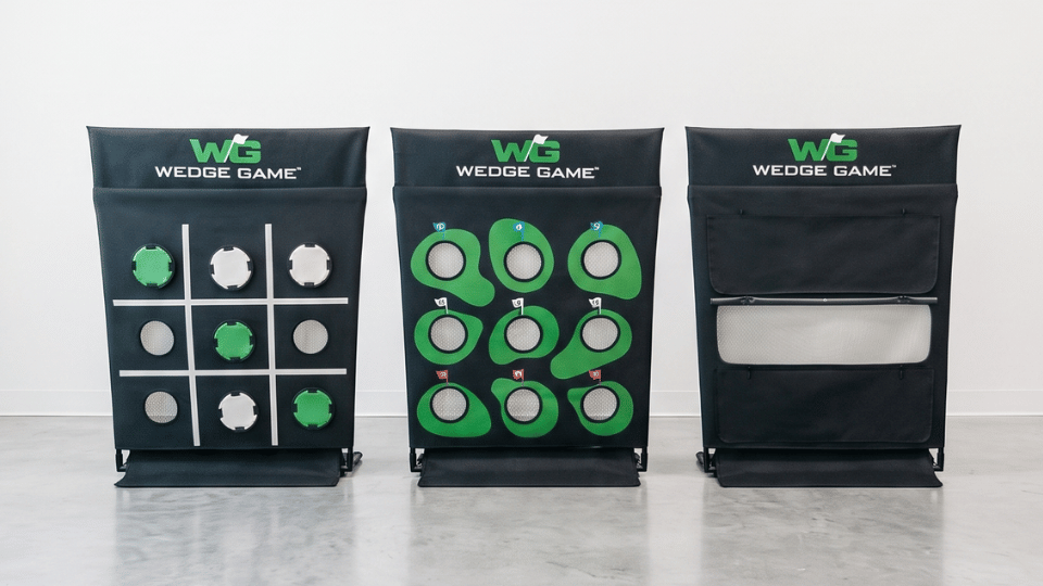 Three Wedge Game panels: Tic-Tac-Toe, 9-Hole Challenge, and open warm-up net