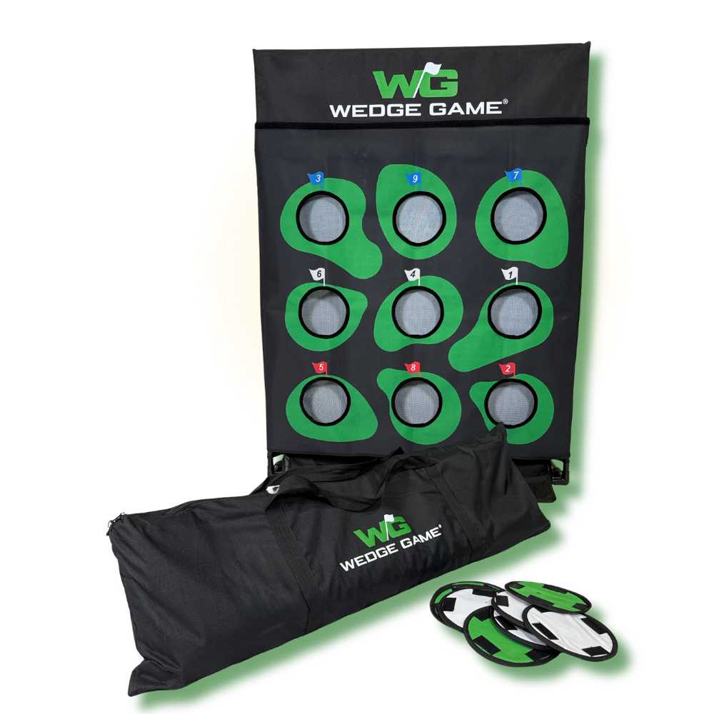 Wedge Game short game trainer net on a black backdrop