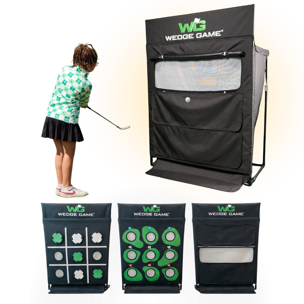 Wedge Game short game trainer net on a black backdrop