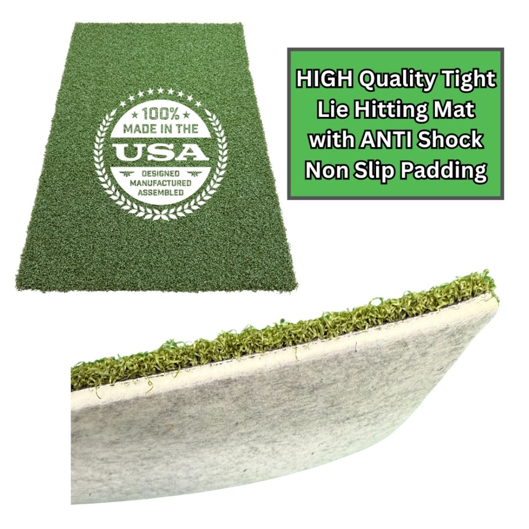 Green golf hitting mat with 'Made in the USA' label and text about anti-shock non-slip padding.