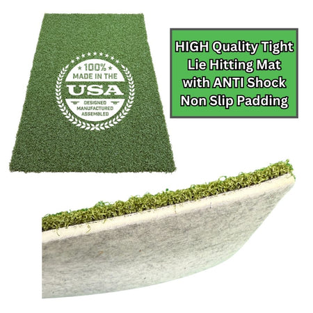 Green golf hitting mat with 'Made in the USA' label and text about anti-shock non-slip padding.